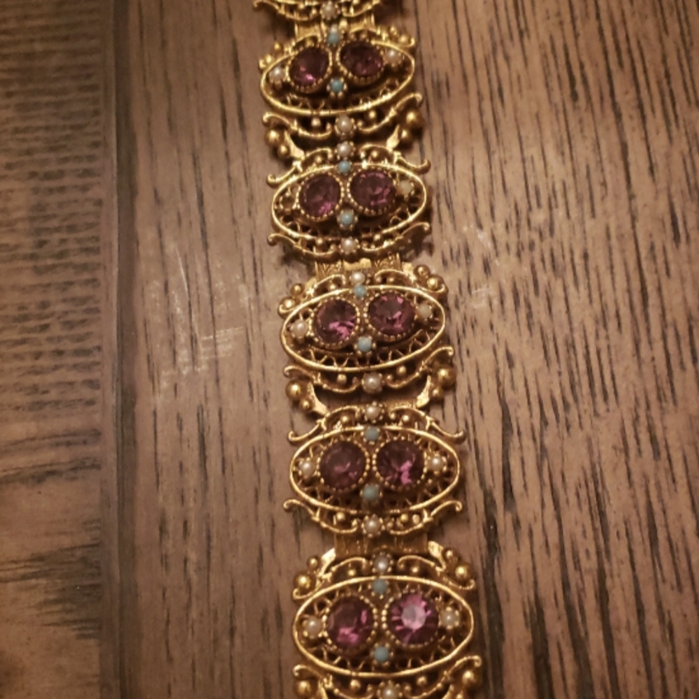Vintage  Purple Stone Goldtone  Bracelet  with Faux Pearls & Faux Turquoise